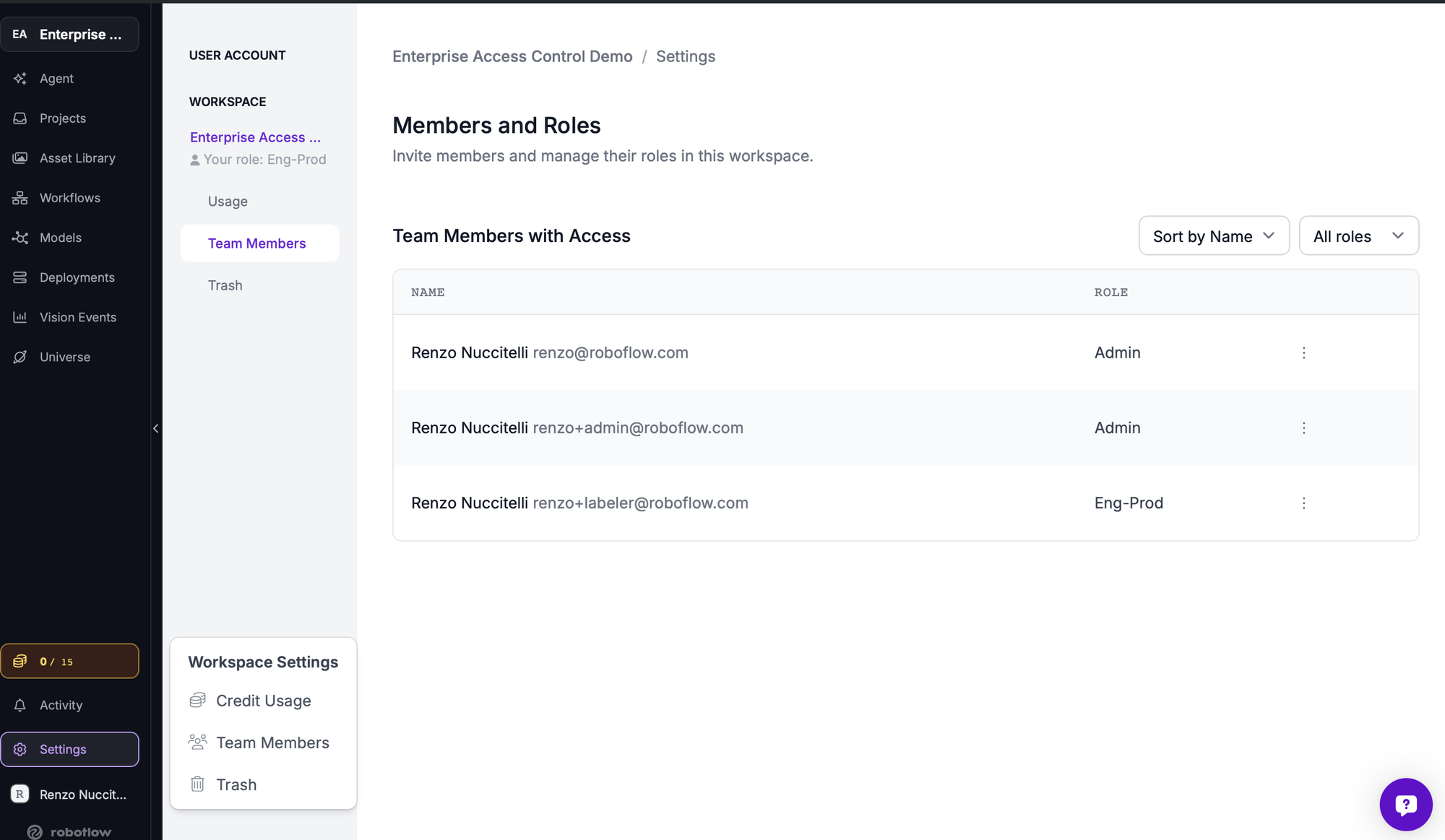 Settings sidebar as an Eng-Prod member with no API Keys entry