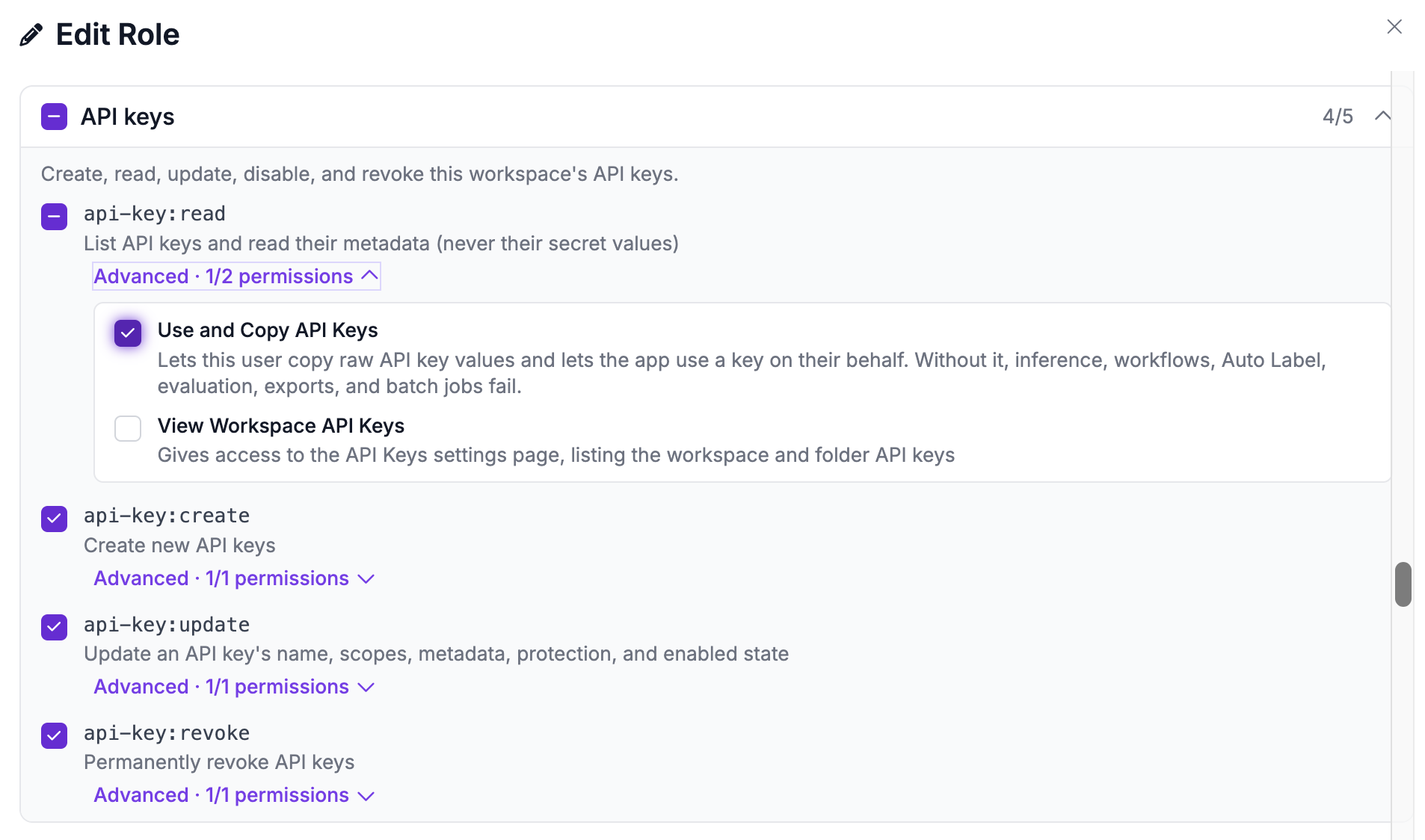 Edit Role dialog for Eng-Prod showing the API keys permission group