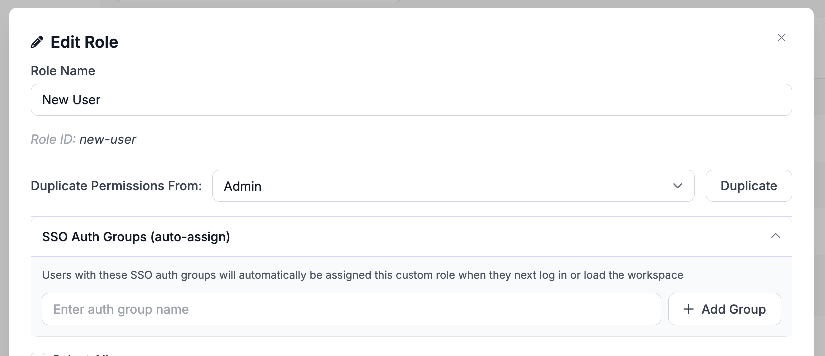 Edit Role dialog with the SSO Auth Groups field