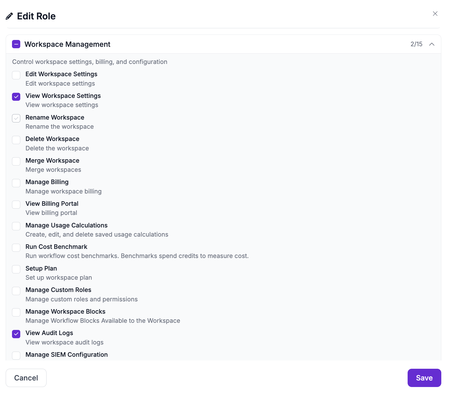 Edit Role dialog for Site Admin showing the Workspace Management permission group