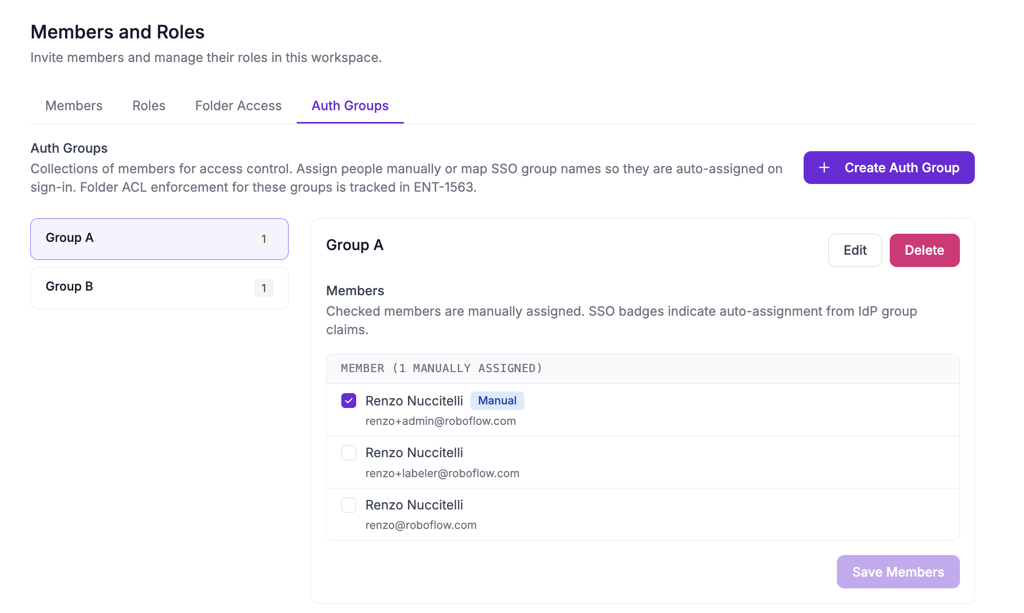 Auth Groups tab with two groups and their members