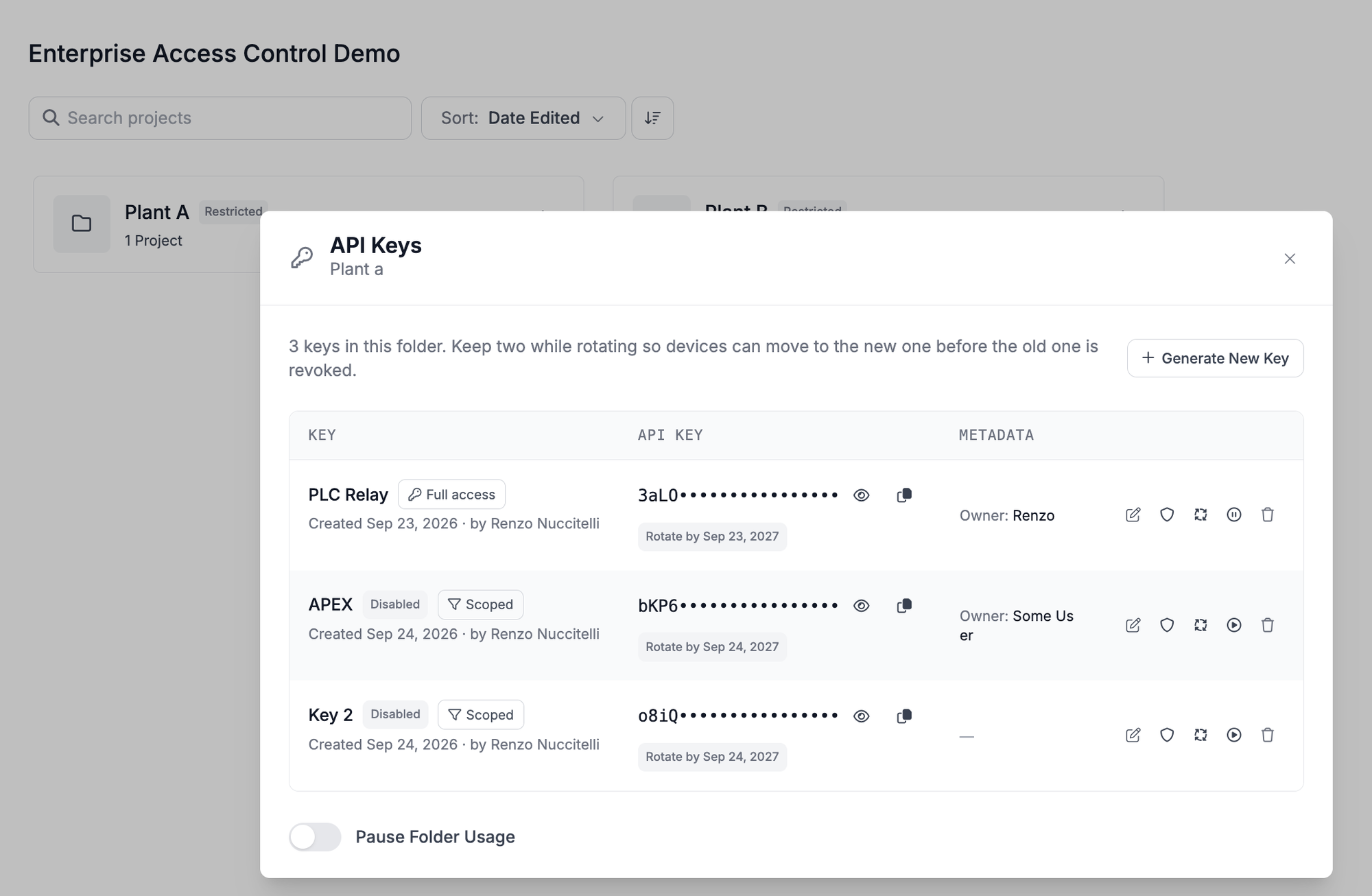 API Keys dialog for one folder with three keys